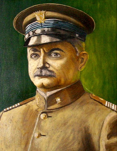 Pintura do retrato do Coronel Afonso Emílio Massot, com fundo verde.